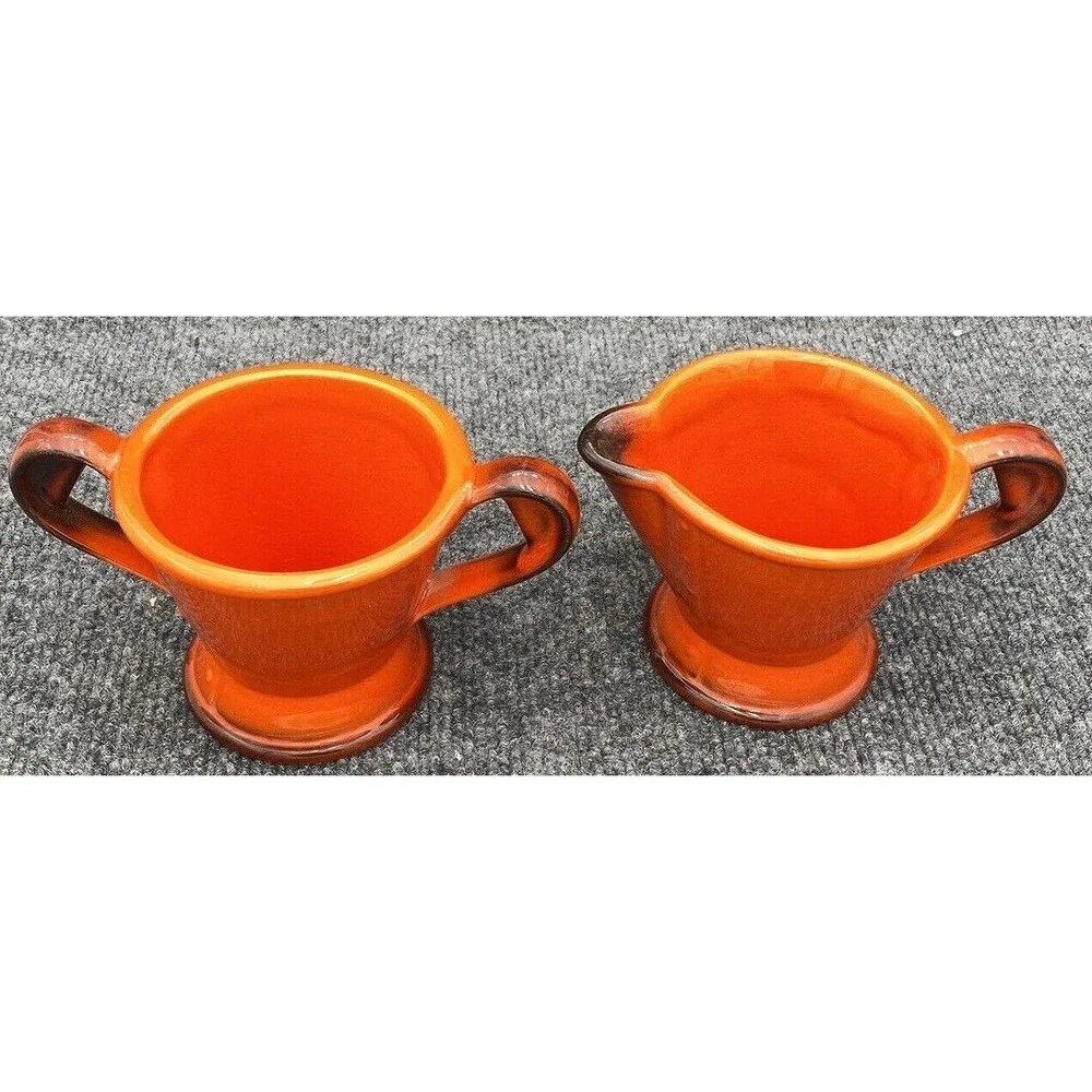 Vintage Metlox Poppy Trail Red Rooster Creamer Open Sugar Bowl Set Burnt Orange